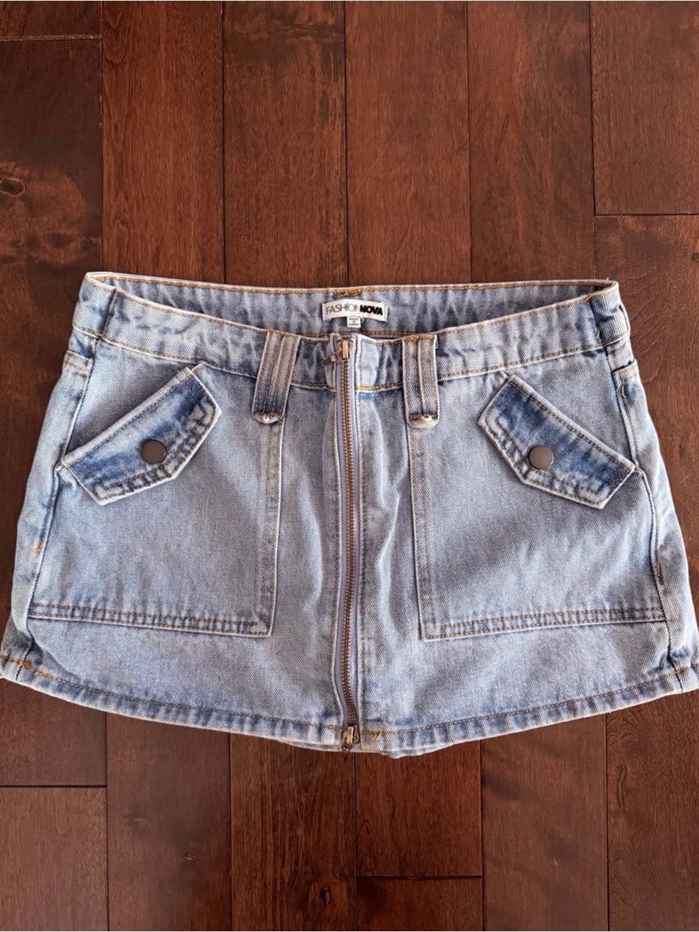 Fashion Nova Light Blue Denim Mini Skirt with Front Zip